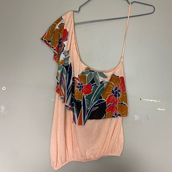 Free People NWT Peach Floral One-Shoulder Ruffle Linen-Blend Tank Top Size XS - Picture 2 of 7